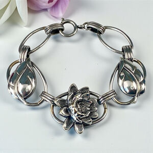 Vintage Danecraft Sterling Silver Lily Lotus Floral Leaf Link Bracelet.